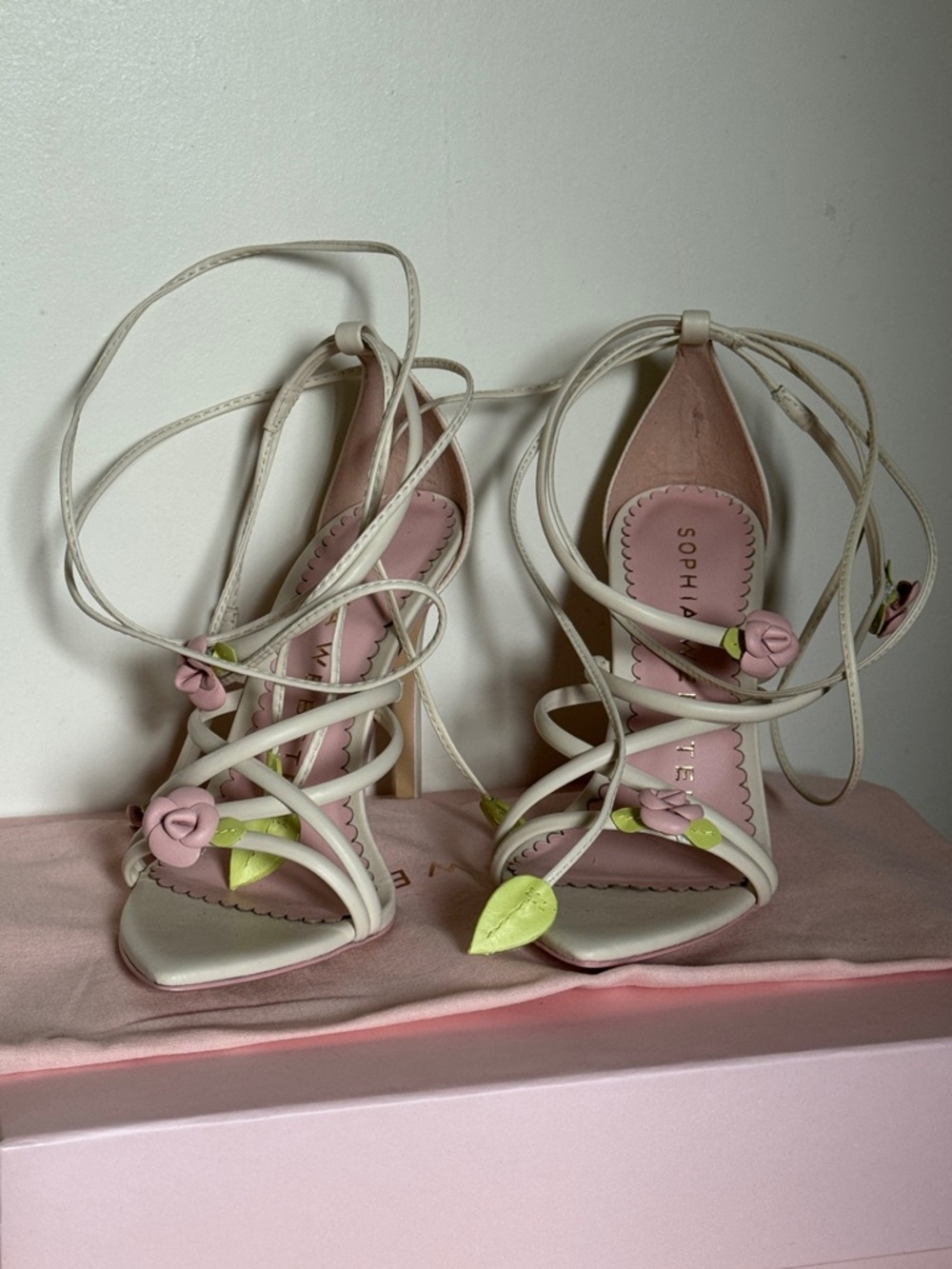 Sophia Webster Cream Lace-Up Heels with Pink Rose Accents 37.5